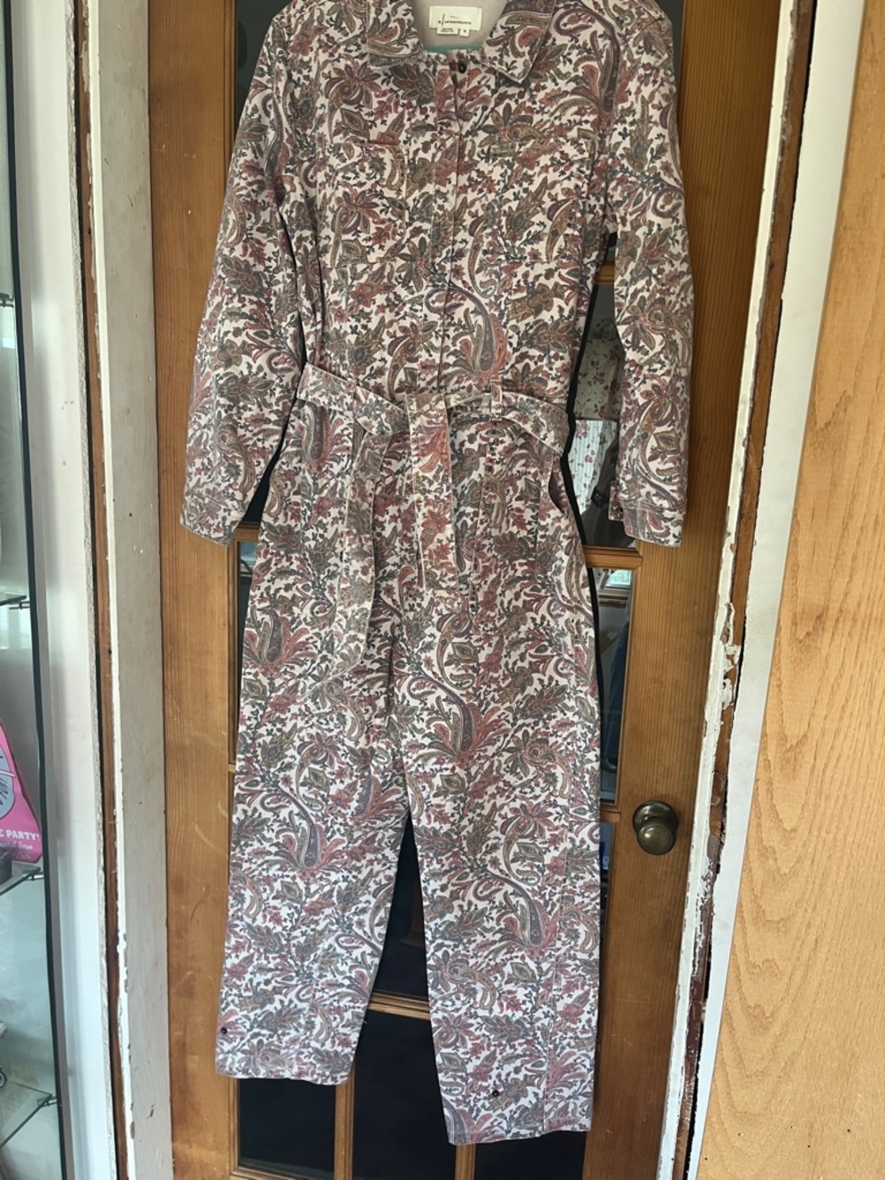 Anthropologie Mauve Paisley Button-Front Jumpsuit with Tie Waist